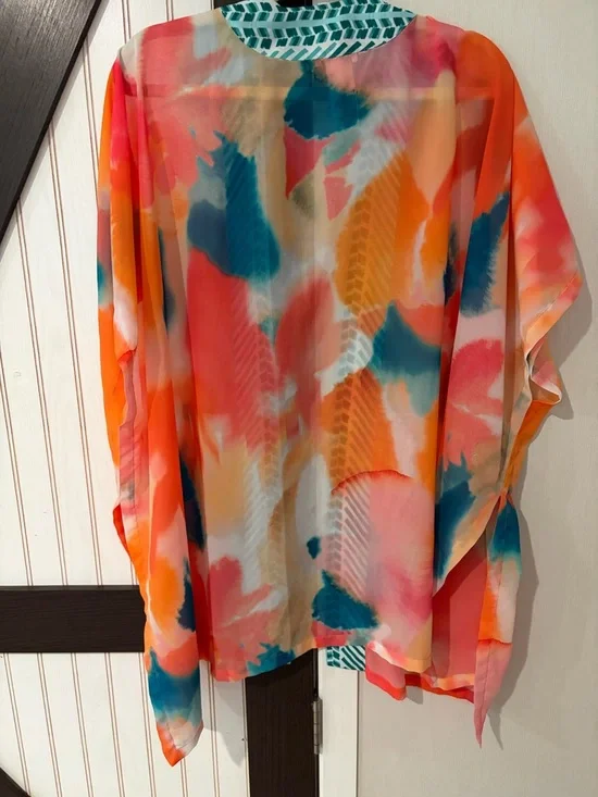 Chico's Multicolor Watercolor Open-Front Kimono with Teal Trim - Picture 5 of 8